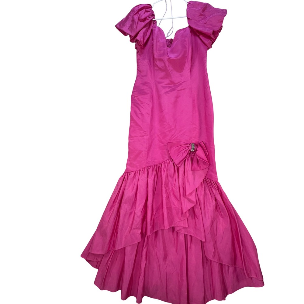 Vintage ILGWU Gown Womens 18 Pink Puff Sleeve Hi-Low Bow 80s Prom Barbiecore